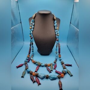 Vintage India Colorful Beaded Dangle Fish Blue Stone Statement Necklace